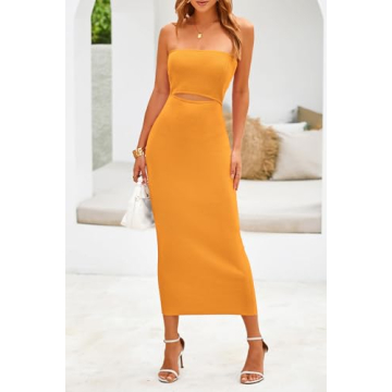 PRETTYGARDEN Women's Sexy Midi Bodycon Dress Summer Y2K Strapless Cutout Tube Pencil Dresses (Solid Orange Yellow,Large)