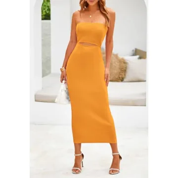 PRETTYGARDEN Women's Sexy Midi Bodycon Dress Summer Y2K Strapless Cutout Tube Pencil Dresses (Solid Orange Yellow,Large)