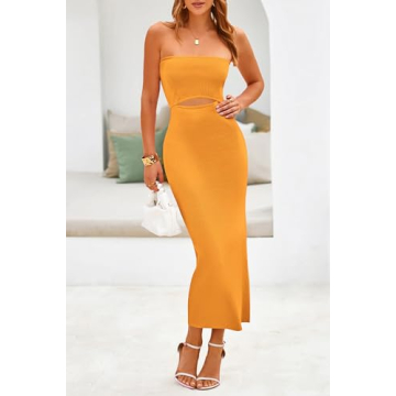 PRETTYGARDEN Women's Sexy Midi Bodycon Dress Summer Y2K Strapless Cutout Tube Pencil Dresses (Solid Orange Yellow,Large)