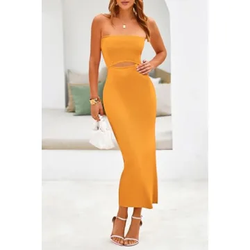 PRETTYGARDEN Women's Sexy Midi Bodycon Dress Summer Y2K Strapless Cutout Tube Pencil Dresses (Solid Orange Yellow,Large)