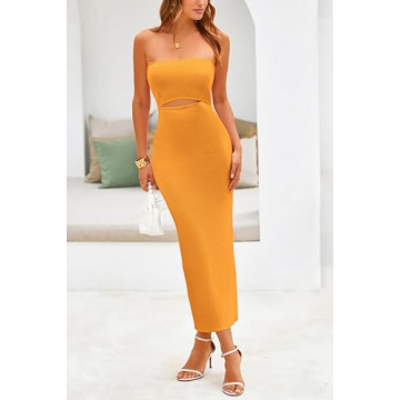 PRETTYGARDEN Women's Sexy Midi Bodycon Dress Summer Y2K Strapless Cutout Tube Pencil Dresses (Solid Orange Yellow,Large)