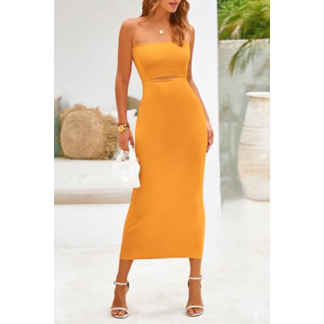 PRETTYGARDEN Women's Sexy Midi Bodycon Dress Summer Y2K Strapless Cutout Tube Pencil Dresses (Solid Orange Yellow,Large)