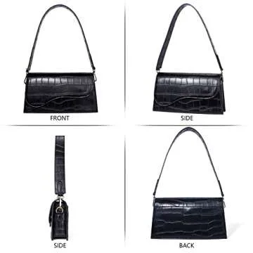 Telena Shoulder Bag for Women, Vegan Leather Women's Shoulder Purses Handbags with 2 Removable Strap Crossbody Bag Purses Crocodile Pattern Black