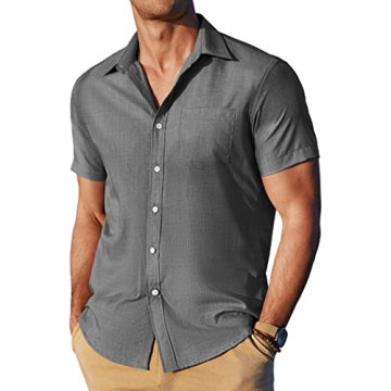 JINIDU Men's Beach Shirts Athletic Fit Untucked Short Sleeve Slim Fit Shirts Grey