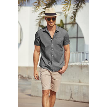 JINIDU Men's Beach Shirts Athletic Fit Untucked Short Sleeve Slim Fit Shirts Grey
