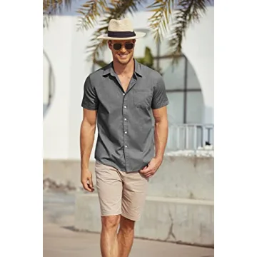 JINIDU Men's Beach Shirts Athletic Fit Untucked Short Sleeve Slim Fit Shirts Grey