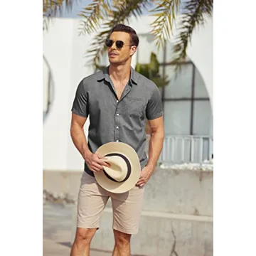 JINIDU Men's Beach Shirts Athletic Fit Untucked Short Sleeve Slim Fit Shirts Grey