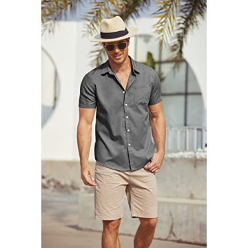JINIDU Men's Beach Shirts Athletic Fit Untucked Short Sleeve Slim Fit Shirts Grey