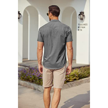 JINIDU Men's Beach Shirts Athletic Fit Untucked Short Sleeve Slim Fit Shirts Grey