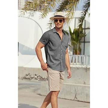 JINIDU Men's Beach Shirts Athletic Fit Untucked Short Sleeve Slim Fit Shirts Grey