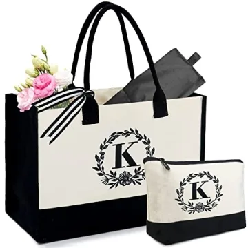 BeeGreen Monogram Canvas Tote Bags for Women w Makeup Bag Initial Embroidery Tote Bag w Inner Zipper...