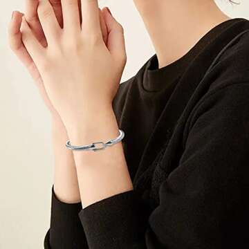 HX SHARE Twisted Cable Bracelet Stylish Fine Stainless Steel Cable Cuff Bracelet with Hook Clasp Bracelets Jewelry for Women silver（6.5"）