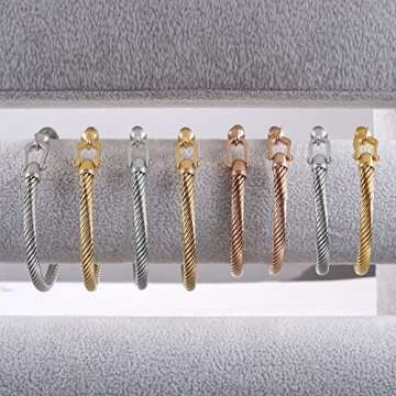 HX SHARE Twisted Cable Bracelet Stylish Fine Stainless Steel Cable Cuff Bracelet with Hook Clasp Bracelets Jewelry for Women silver（6.5"）