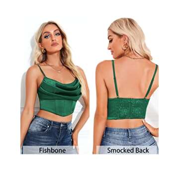 Kolagri Women Satin Backless Cami Corset Crop Tops Cowl Neck Cute Summer Casual Boned Vests Tank Top Cocktail Bustiers Green S
