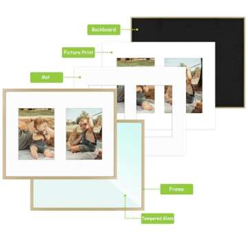 Golden State Art, 7x5 Aluminum Collage Frame, Displays 5x7 Pictures With 2 Openings Mat or One 11x14 Photo, Real Glass, Portrait/Landscape Wall Display, Gold, 1 Pack