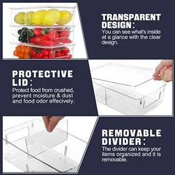 ESARORA Plastic Storage Bin with Lid and Divider, Clear Shallow Pantry Organizer with Handle for Fridge, Cabinet, Kitchen, Bedroom, Closet, Bathroom, Office, Pantry Organization,10 Pack 10.28 inch