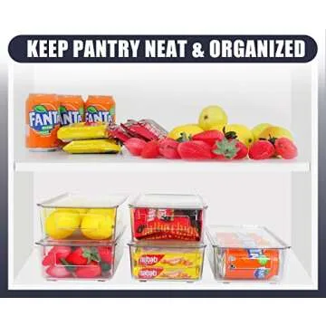 ESARORA Plastic Storage Bin with Lid and Divider, Clear Shallow Pantry Organizer with Handle for Fridge, Cabinet, Kitchen, Bedroom, Closet, Bathroom, Office, Pantry Organization,10 Pack 10.28 inch