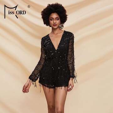 Miss ord Long Sleeve Slim Soft Lining Casual Jumpsuit Romper with Sequins - Latin Tango Salsa Dance Pants