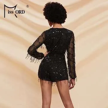 Miss ord Long Sleeve Slim Soft Lining Casual Jumpsuit Romper with Sequins - Latin Tango Salsa Dance Pants