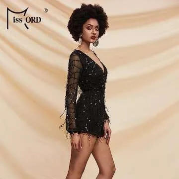Miss ord Long Sleeve Slim Soft Lining Casual Jumpsuit Romper with Sequins - Latin Tango Salsa Dance Pants