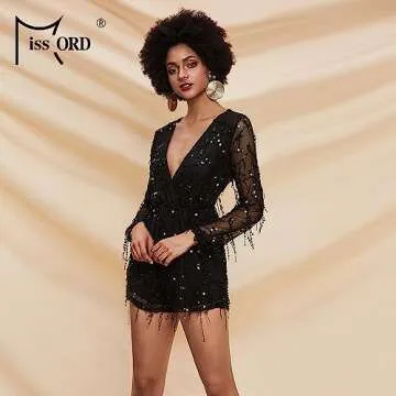 Miss ord Long Sleeve Slim Soft Lining Casual Jumpsuit Romper with Sequins - Latin Tango Salsa Dance Pants