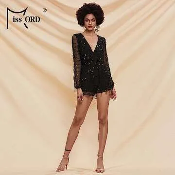 Miss ord Long Sleeve Slim Soft Lining Casual Jumpsuit Romper with Sequins - Latin Tango Salsa Dance Pants