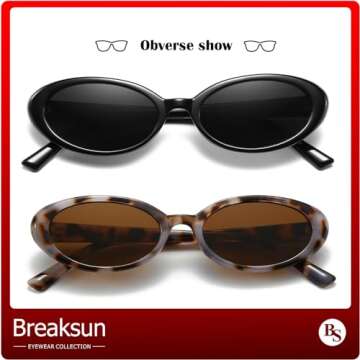 Breaksun Retro Oval Sunglasses for Women Men Fashion Small Oval Sunglasses 90s Vintage Shades (Black/Grey+Yellow Tortoise/Brown)