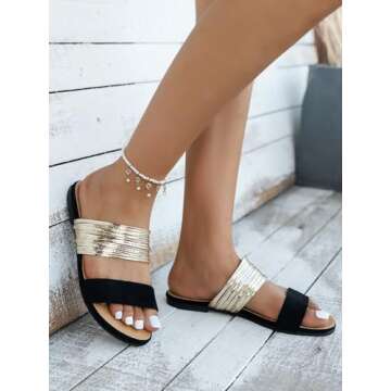 Verdusa Women's Metallic Strappy Flat Sandals Summer Slide Sandals Casual Shoes Gold Black 8