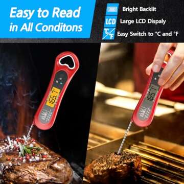 Digital Meat Thermometer for Cooking, Wireless, Instant Read, Waterproof, Backlight, Ultra-Fast Accurate & 180°Foldaway Probe, Idea for Turkey/Grilling