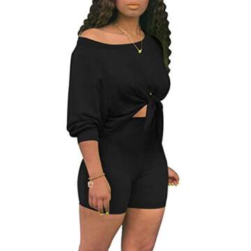 cailami Women's Sexy Summer 2 Piece Outfits Off Shoulder Tie Up Top Biker Shorts Set Tracksuit, Large, Black