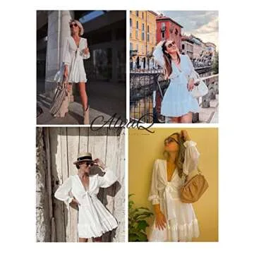 AlvaQ Women Dresses Summer 2025 Deep V Neck Tie Front Long Sleeve Ruffle Mini Dress Swing Short Mini Dress Beach Sundress White Small