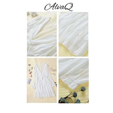 AlvaQ Women Dresses Summer 2025 Deep V Neck Tie Front Long Sleeve Ruffle Mini Dress Swing Short Mini Dress Beach Sundress White Small