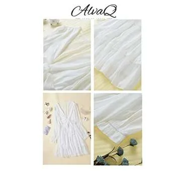 AlvaQ Women Dresses Summer 2025 Deep V Neck Tie Front Long Sleeve Ruffle Mini Dress Swing Short Mini Dress Beach Sundress White Small
