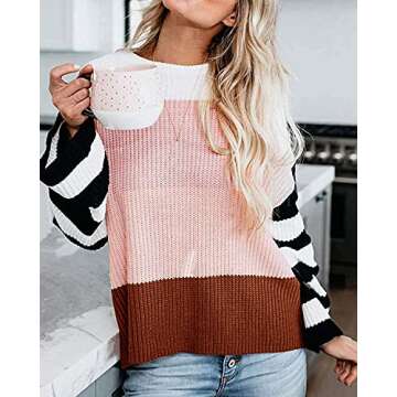 ZESICA Women's Fall Long Sleeve Crew Neck Striped Color Block Casual Loose Knitted Pullover Sweater Tops,Pink,Large