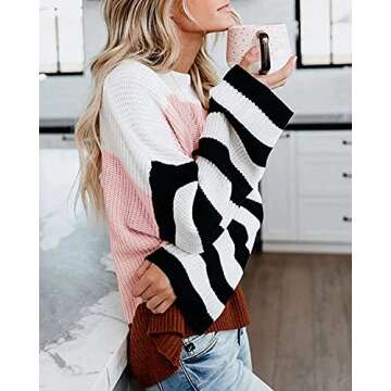 ZESICA Women's Fall Long Sleeve Crew Neck Striped Color Block Casual Loose Knitted Pullover Sweater Tops,Pink,Large