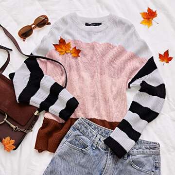 ZESICA Women's Fall Long Sleeve Crew Neck Striped Color Block Casual Loose Knitted Pullover Sweater Tops,Pink,Large