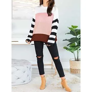ZESICA Colorful Striped Knit Sweater for Women