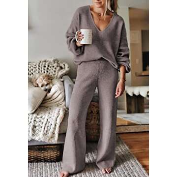 Viottiset Women's 2 Piece Outfits Sweater Lounge Set V Neck Knit Top Wide Leg Pants Sweatsuit Purple Grey S