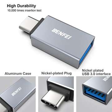 BENFEI USB C to USB 3.0 Adapter, 3 Pack USB C to A Male to Female Adapter Compatible with iPhone 15 Pro/Max, MacBook Pro/Air 2023, iPad Pro, iMac, S23, XPS 17, Surface Book 3 and More - Gray