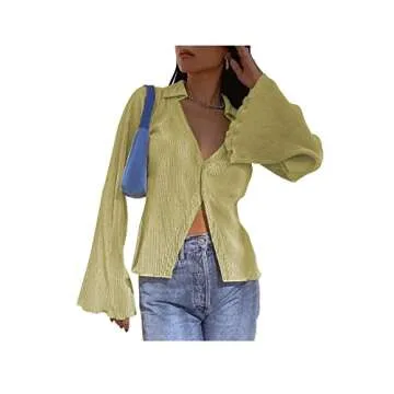 LYANER Women's Deep V Neck Button Front Bell Long Sleeve Blouse Shirt Top - Stylish & Versatile