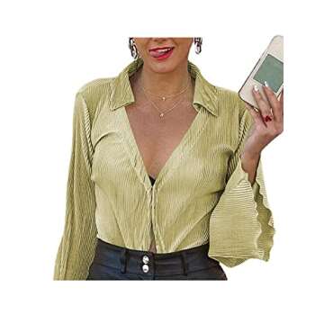 LYANER Women's Deep V Neck Button Front Bell Long Sleeve Blouse Shirt Top Yellow Medium