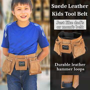 Real Leather Kids Tool Belt for Kids Woodworking Children Carpentry Carpenter Tool Apron for Boys and Girls Young Builders Gift Fits Waist Size 21 to 28 inches