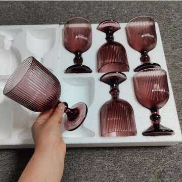 Taganov Purple Glasses Drinking Water Goblets set of 6 Colored Wine Glasses 13oz Pink Vintage Glassware for Wedding Party Bar Vertical Line Embossed Pattern Stemmed Cups 400ml