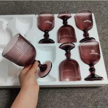 Taganov Purple Glasses Drinking Water Goblets set of 6 Colored Wine Glasses 13oz Pink Vintage Glassware for Wedding Party Bar Vertical Line Embossed Pattern Stemmed Cups 400ml