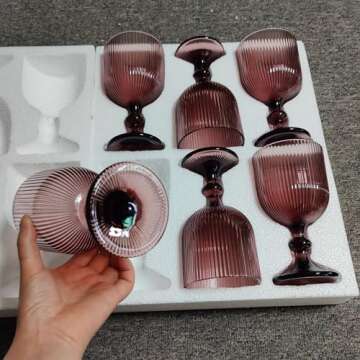Taganov Purple Glasses Drinking Water Goblets set of 6 Colored Wine Glasses 13oz Pink Vintage Glassware for Wedding Party Bar Vertical Line Embossed Pattern Stemmed Cups 400ml