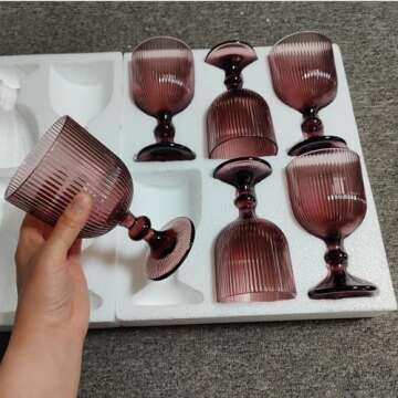 Taganov Purple Glasses Drinking Water Goblets set of 6 Colored Wine Glasses 13oz Pink Vintage Glassware for Wedding Party Bar Vertical Line Embossed Pattern Stemmed Cups 400ml