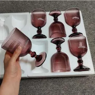 Taganov Purple Glasses Drinking Water Goblets set of 6 Colored Wine Glasses 13oz Pink Vintage Glassware for Wedding Party Bar Vertical Line Embossed Pattern Stemmed Cups 400ml