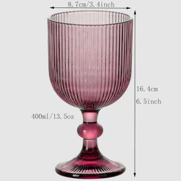 Taganov Purple Glasses Drinking Water Goblets set of 6 Colored Wine Glasses 13oz Pink Vintage Glassware for Wedding Party Bar Vertical Line Embossed Pattern Stemmed Cups 400ml