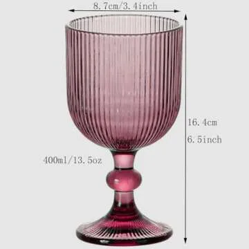 Taganov Purple Glasses Drinking Water Goblets set of 6 Colored Wine Glasses 13oz Pink Vintage Glassware for Wedding Party Bar Vertical Line Embossed Pattern Stemmed Cups 400ml