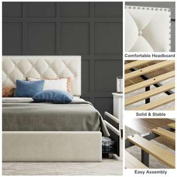 LIKIMIO Queen Velvet Bed Frame with Storage Drawers